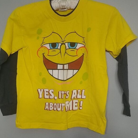 2007 Spongebob Yellow Long Sleeve Faux layered Tee Boy's sz 6/7 - Picture 1 of 7